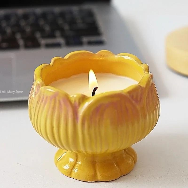 Керамическая подставка для свечей в виде лотоса для ароматерапии, пустая чашка, минималистичный подсвечник для помещений, изысканные украшения для украшения комнаты