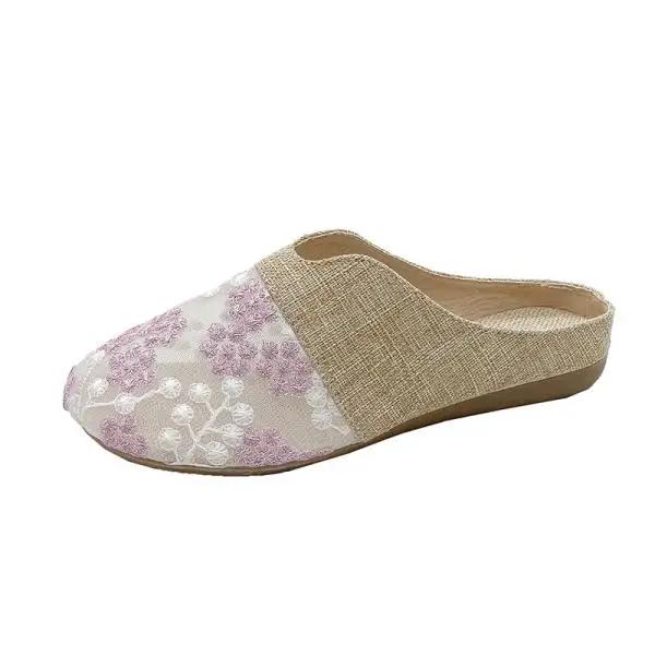 Женская обувь Женские тапочки Цветок Низкий Ажурный каблук Закрытый носок Лоферы 2025 Плоские Летние ТПР ПУ Цветочная ткань Слайды Круглый Котелок