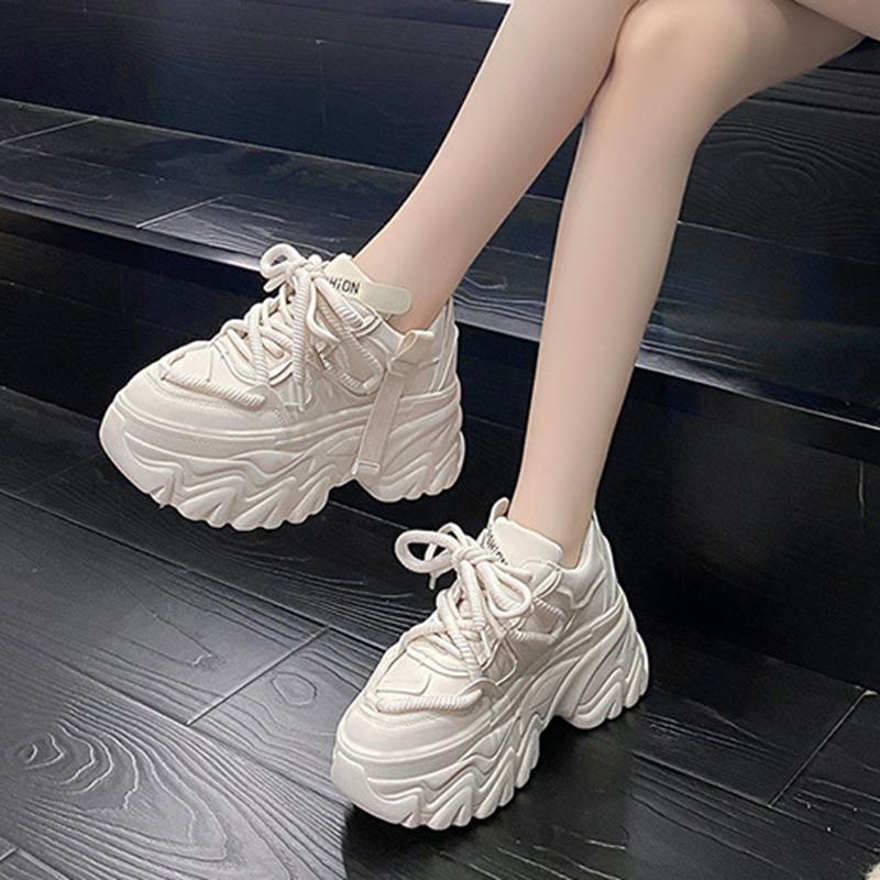Fashion Women Platform Sneakers Spring Autumn 8CM Hidden Heel Sports Dad Shoes Woman Lace Up Leather White Casual Tennis Shoes Zapatos