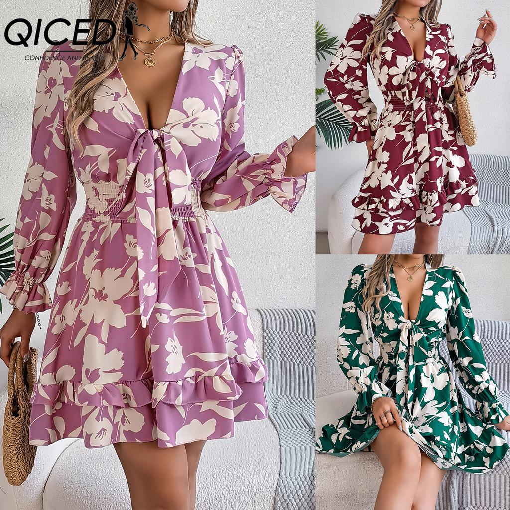 QICED Autumn and Winter Casual Flower Long-sleeved Black Ear-trimmed A-line Dress Women's Clothing