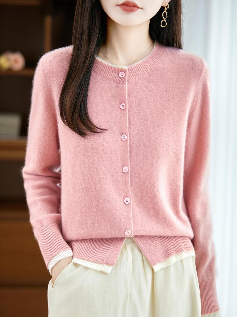 Women's Color Block Cashmere Wool Knit Cardigan Sweater - Loose Fit, Round Neck, Korean Style