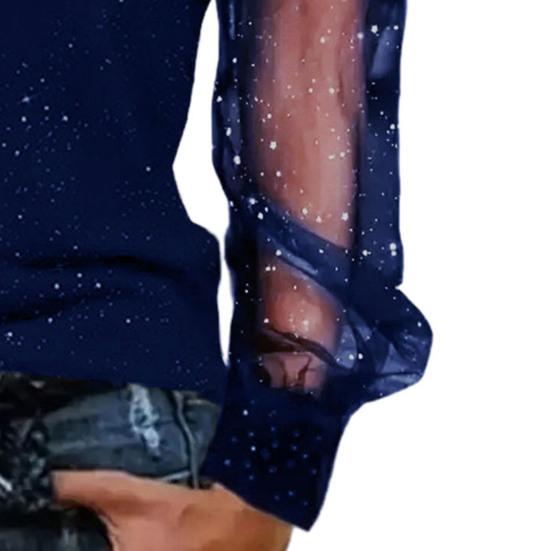 Женская футболка с круглым вырезом, сетчатая, ажурная, с пышными длинными рукавами, мягкий эластичный топ, блестящий