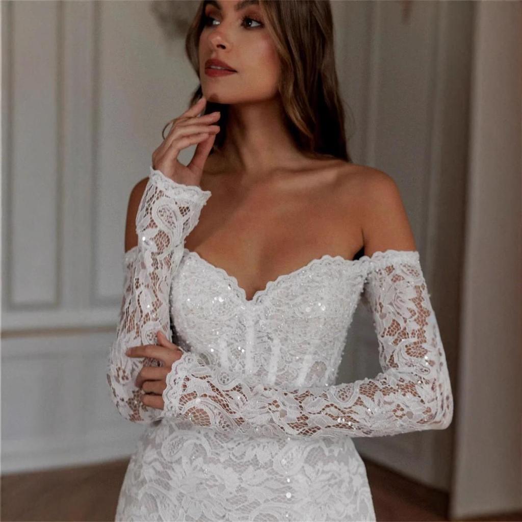 Сексуальные открытые плечи длинные рукава кружевные аппликации короткие/мини свадебные платья на заказ формальные свадебные платья 2024 Vestido De