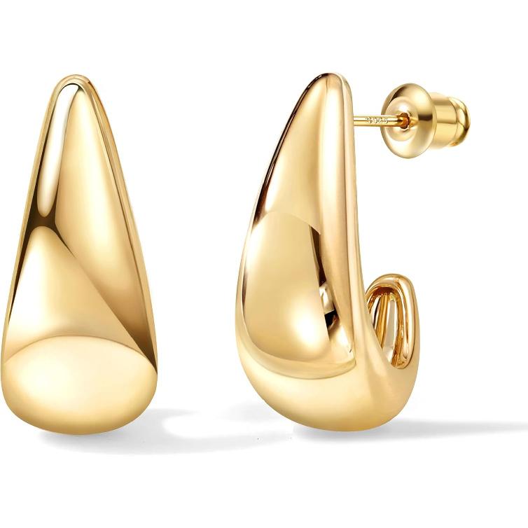 Bobisty Chunky Silver Needle Hoop Earrings for Women 14K Gold Plated Earring Open Huggie Teardrop Earring Statement Jewelry3
