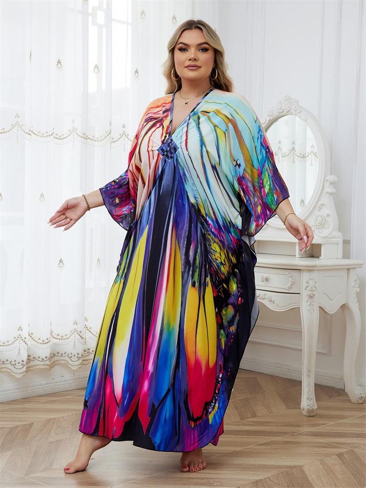 EDOLYNSA Plus Size Multicolor Printed Kaftan Dress For Women Outfit Boho Vacation V-neck Split Robe Summer Beachwear Swimsuit Cover Up Q1588