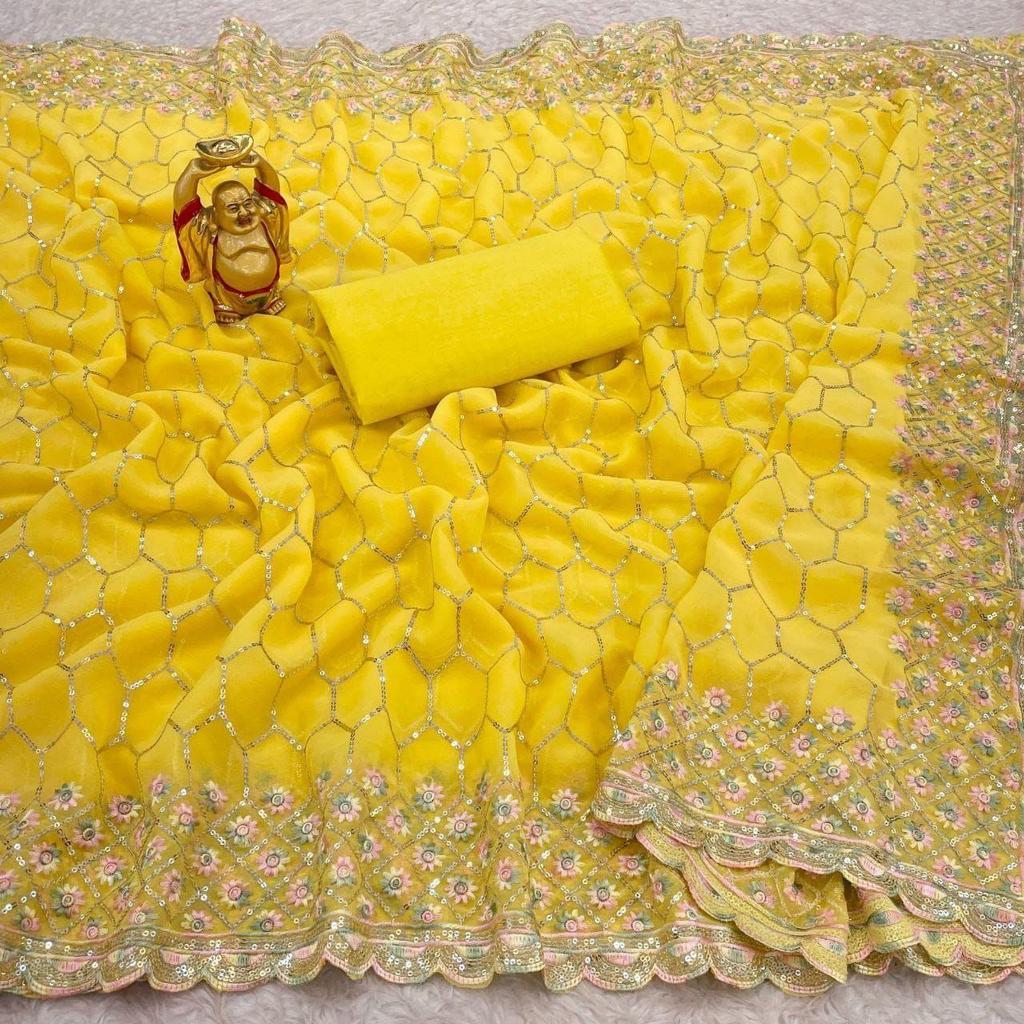 Faux Georgette Saree 3 Mm Seqwance Work and Multicolour Thread Work with Cut Work Border, Colar : 6