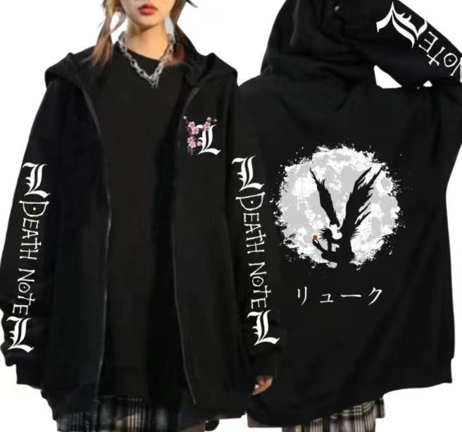 Death Note Harajuku Аниме Пальто на молнии Толстовки Мужские куртки Повседневная Свободная с капюшоном на молнии Манга L Lawliet Топы с принтом Толстовка Унисекс Пара Уличная одежда