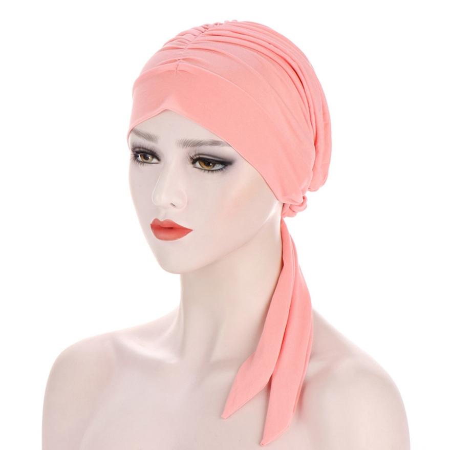 Stretch Fashion Muslim Headwrap Crystal Hemp Long Tail Bow Turban Hat Chemo Cap
