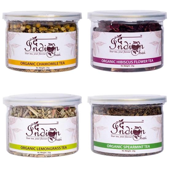 Индийский чай - комбо, ромашковый чай, чай из гибискуса, чай из лемонграсса и чай из мяты, по 25 г каждого, (4 х 25 г), Всего 100г