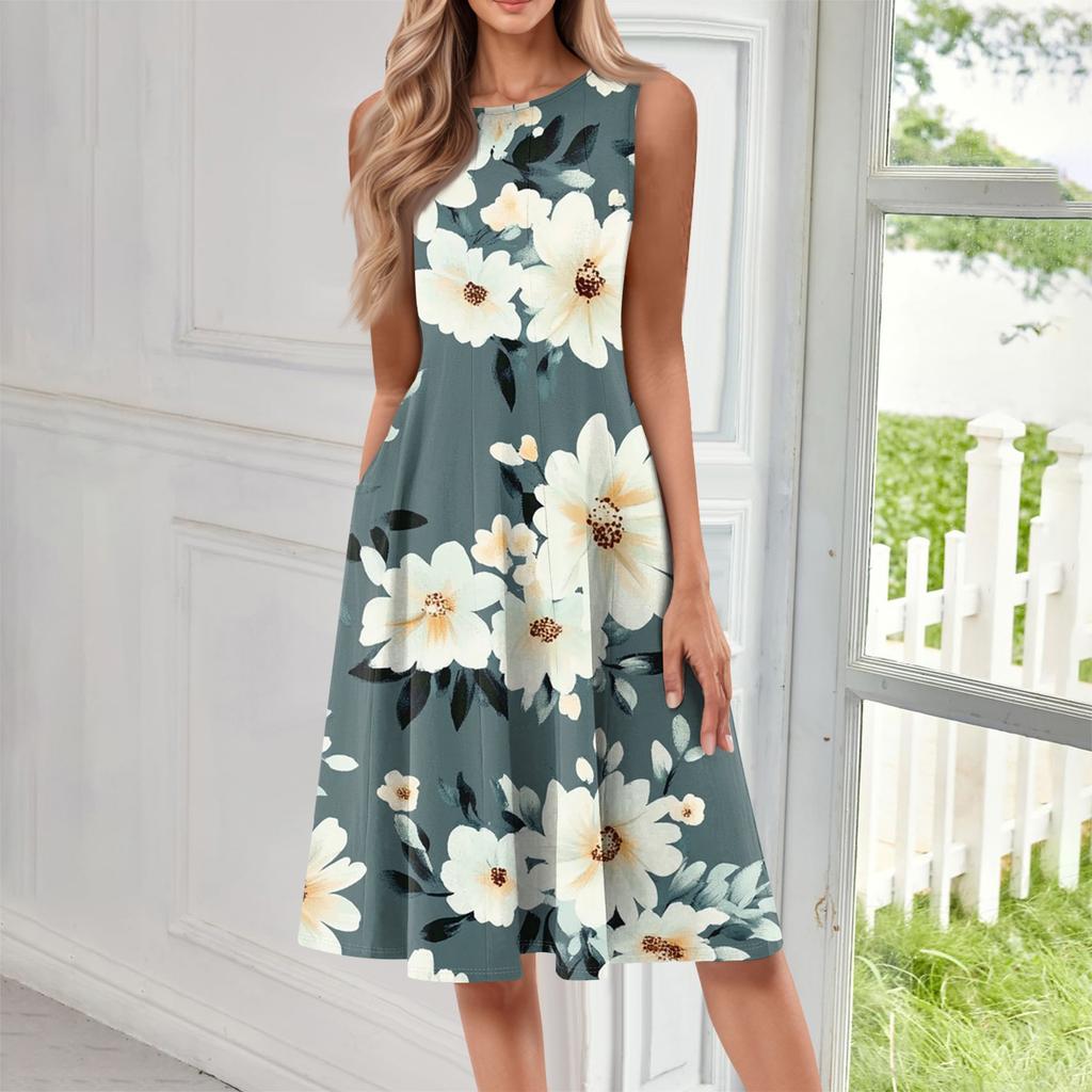 Женское повседневное модное платье миди с цветочным принтом и круглым вырезом без рукавов