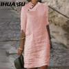 IHUASU Женская мода лето весна однотонный принт с коротким рукавом и высокой талией повседневные платья