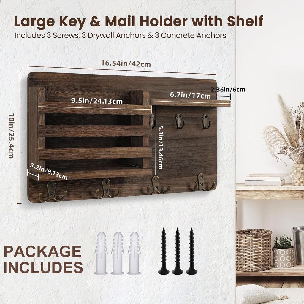 Mail Organizer for Wall Mount Rustic Wood with Key Hooks Hallway Farmhouse Decor Letter Sorter with Floating Shelf