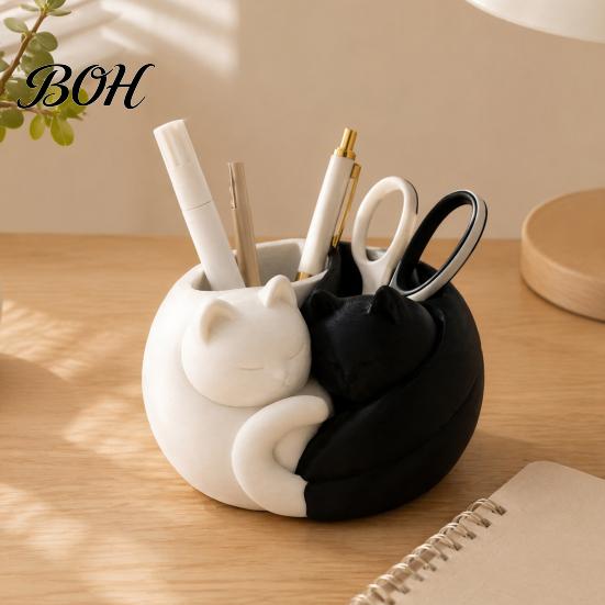 Plastic Pen Stand 3D Printed Cat Holder, Cute Sleeping Kitty Stationery Organizer, 2-in-1 Modern Desk Storage for Makeup Brushes Desktop Organizer