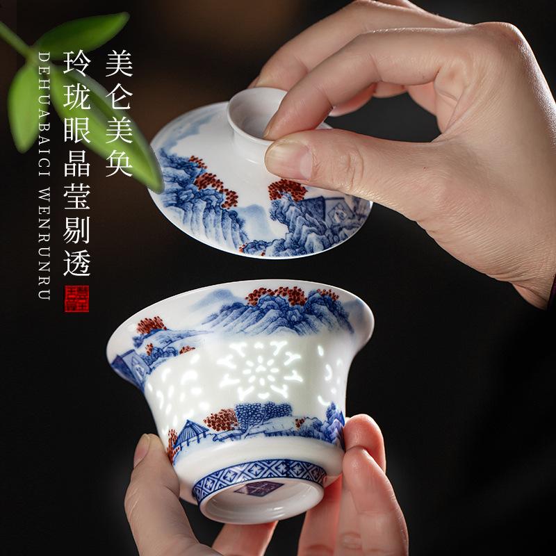 Jingdezhen blue and white glaze red Linglong tea set, a complete set of high-value cover bowl tea set, business gifts