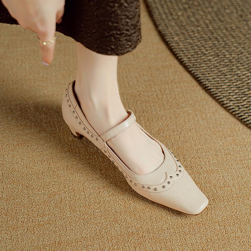 Мода 2025 Новые Весенние Женские Туфли Квадратный Носок Женская Обувь Ретро Мелкие Натуральная Кожа Женские Туфли Овчина Мэри Джейнс