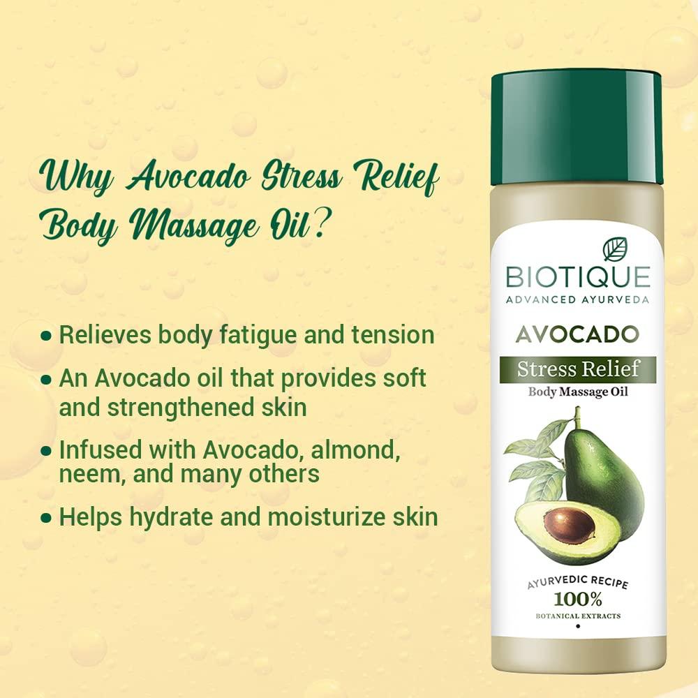 Biotique Avocado Stress Relief Body Massage Oil 200ml | Hydrates Dry Skin | 100% Natural Botanical Extracts | For All Skin Types