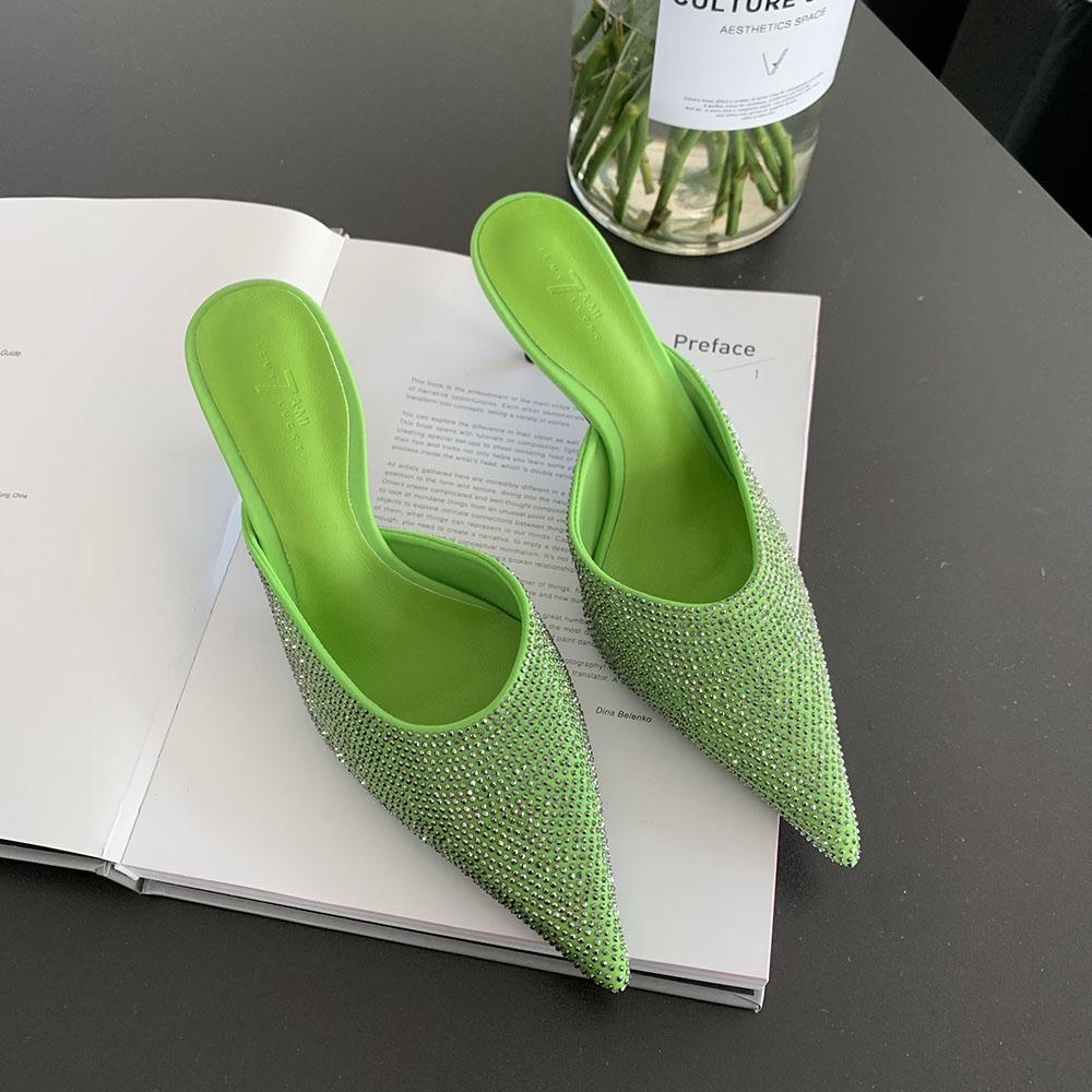 Модные женские босоножки со стразами, тонкие высокие каблуки, черные, зеленые, фиолетовые, бежевые, летние уличные туфли-мюли, туфли-лодочки на шпильках для вечеринок, размеры 35-39