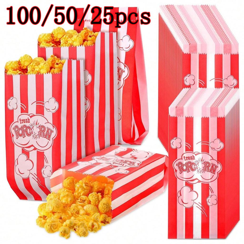 100pcs Popcorn Favor Bags Red Striped Candy Paper Bags Nougat Biscuit Bread Toast Bags For Snacks Goods Bag Movie Birthday Party