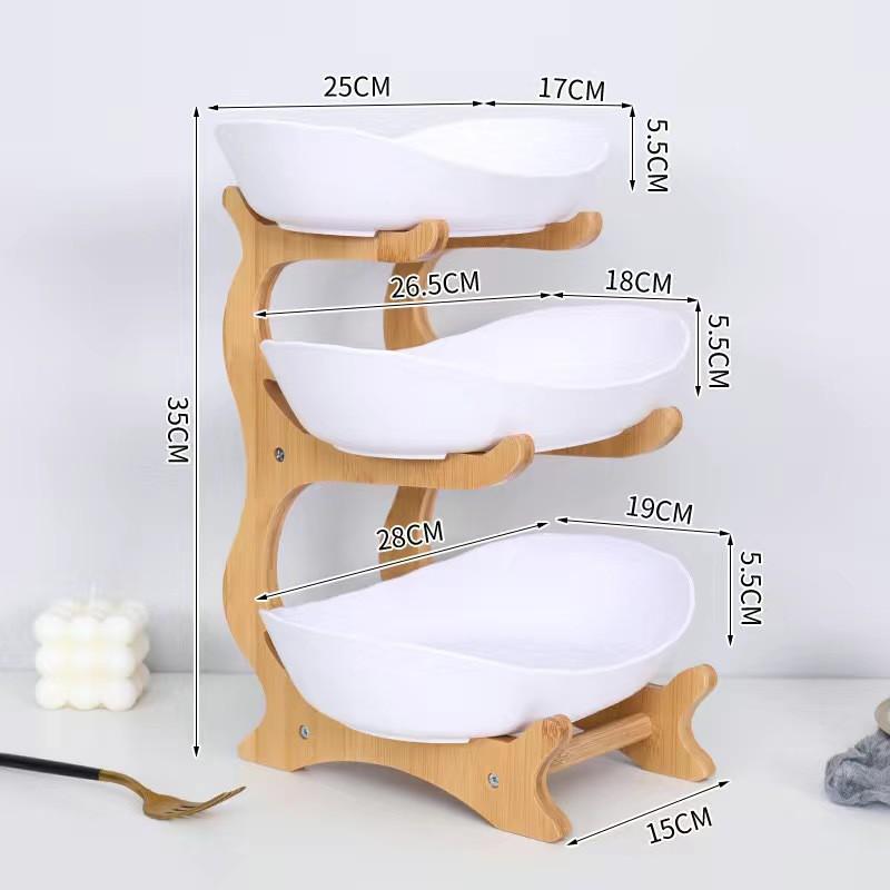 3-Tier Ceramic Fruit Tray With Bamboo Stand Modern Nordic Snack Server Kitchen Dining Table
