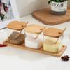 3pcs Set Glass Seasoning Jars with Bamboo Lid Spoon and Storage Tray Salt Sugar Spices Food Storage Container Kitchen Oraganizer