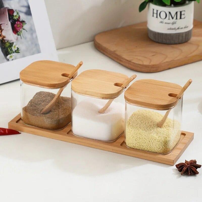 3pcs Set Glass Seasoning Jars with Bamboo Lid Spoon and Storage Tray Salt Sugar Spices Food Storage Container Kitchen Oraganizer