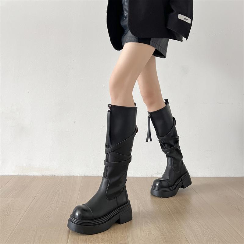 Black Retro British Style Thick Heel Platform Boots Women's 2025 New Spring and Autumn Season Height Increase and Thin Knight Boots