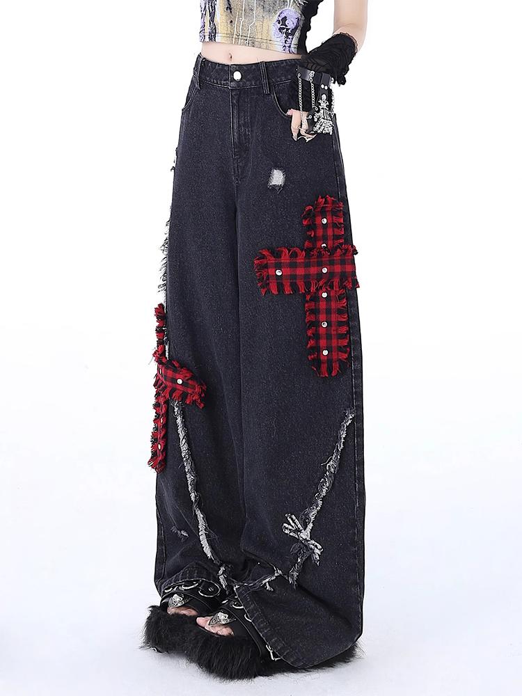 Женские черные готические мешковатые джинсы Y2k, винтажная уличная одежда, ковбойские брюки, брюки из денима в стиле Харадзюку, эстетическая эмо-дрянная одежда 2000-х