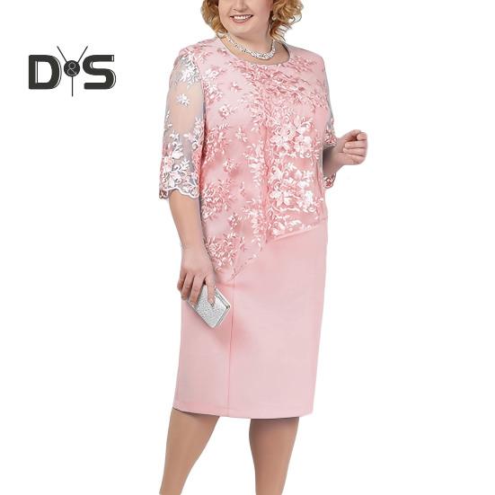 Women Plus Size Prom Dress O Neck Half Sleeve Embroidery Lace Floral Patchwork Dress Fake Two Pieces Wedding Party Dress