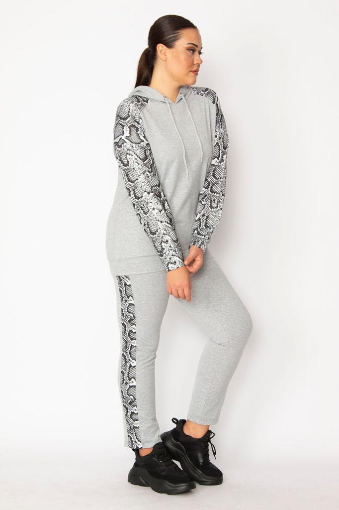 Женский стильный комплект больших размеров под верхом, серый комплект брюк с капюшоном и подробным свитером Garni большого размера