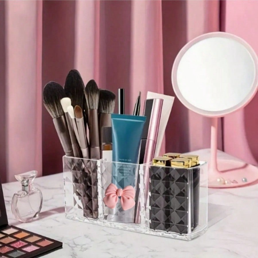 1Pc Cute Makeup Brush Storage Box With Multiple Compartments And Bow Decoration