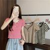 Summer Dopamine Striped T-shirts Contrasting Colors Female Clothing V-Neck Button Basic Short Sleeve Casual Slim Short Pullovers