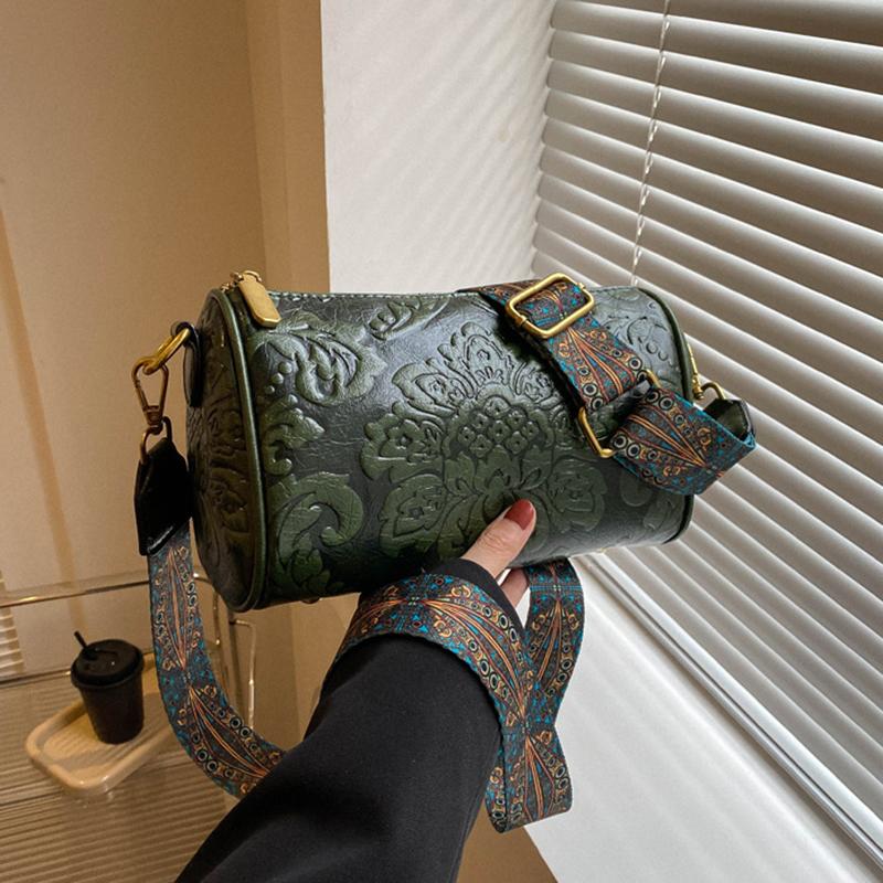 Yogodlns Винтажная сумка через плечо с цветочным тиснением в этническом стиле, цилиндрический кошелек, женская сумка на плечо с широким ремешком