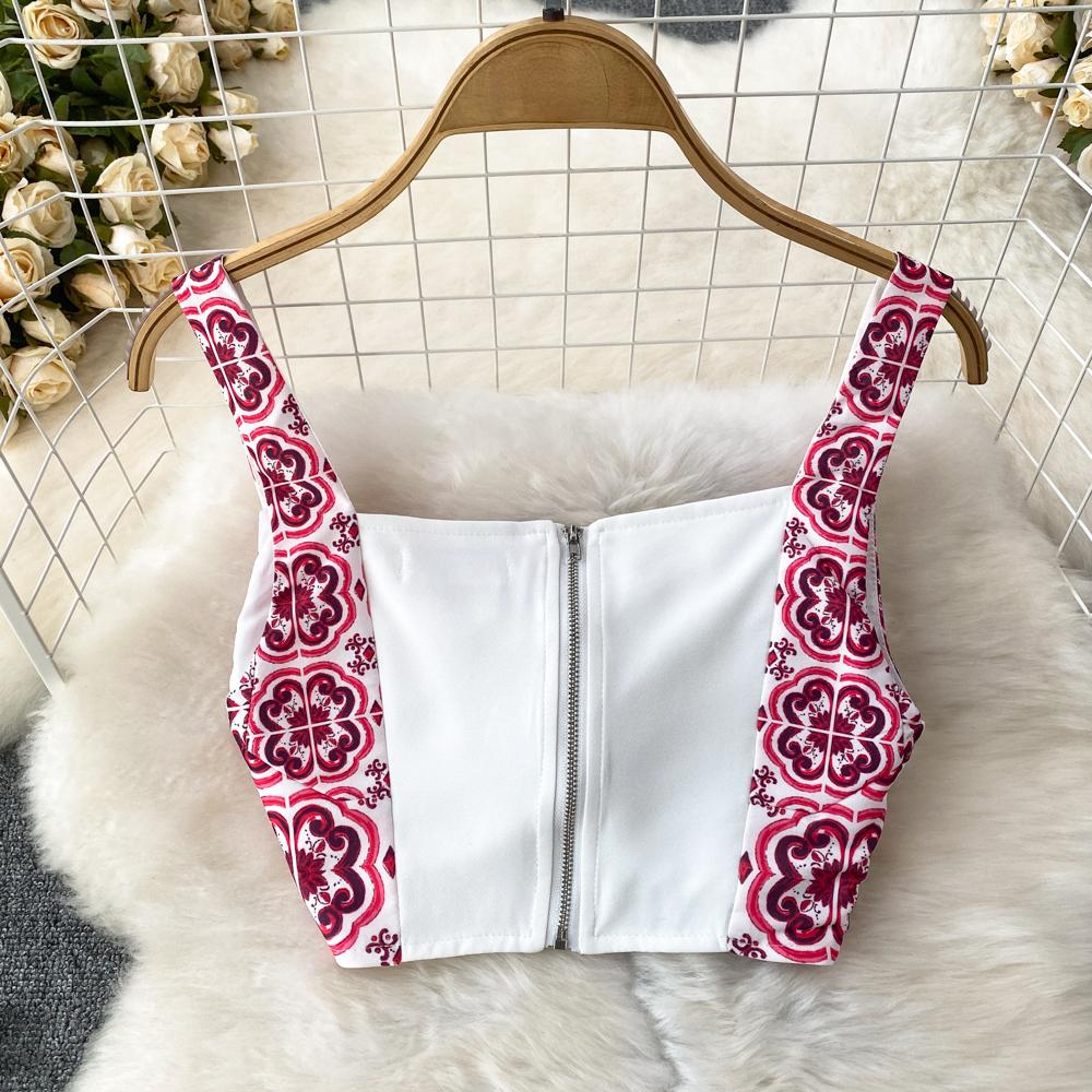 Элегантный комплект из двух предметов с фарфоровым узором, женский короткий укороченный топ с цветочным принтом, плиссированные макси-юбки, костюмы, женские лоскутные винтажные комплекты с ремешками, 2024