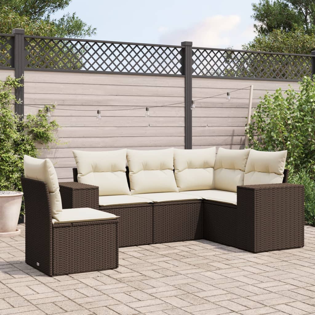5 Piece Garden Sofa Set with Cushions Brown Poly Rattan