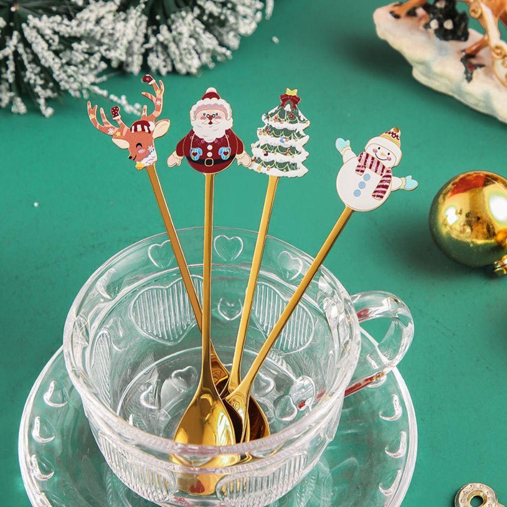 Plated Design Christmas Stirring Spoon 4PCS Set Holiday Tableware Set New Year Party