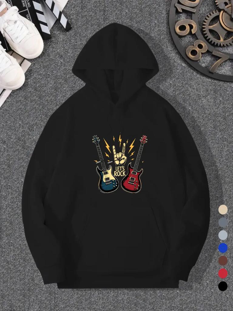 Casual Guitar Graphic Hoodie - Cozy Long Sleeve Pullover with Drawstring
