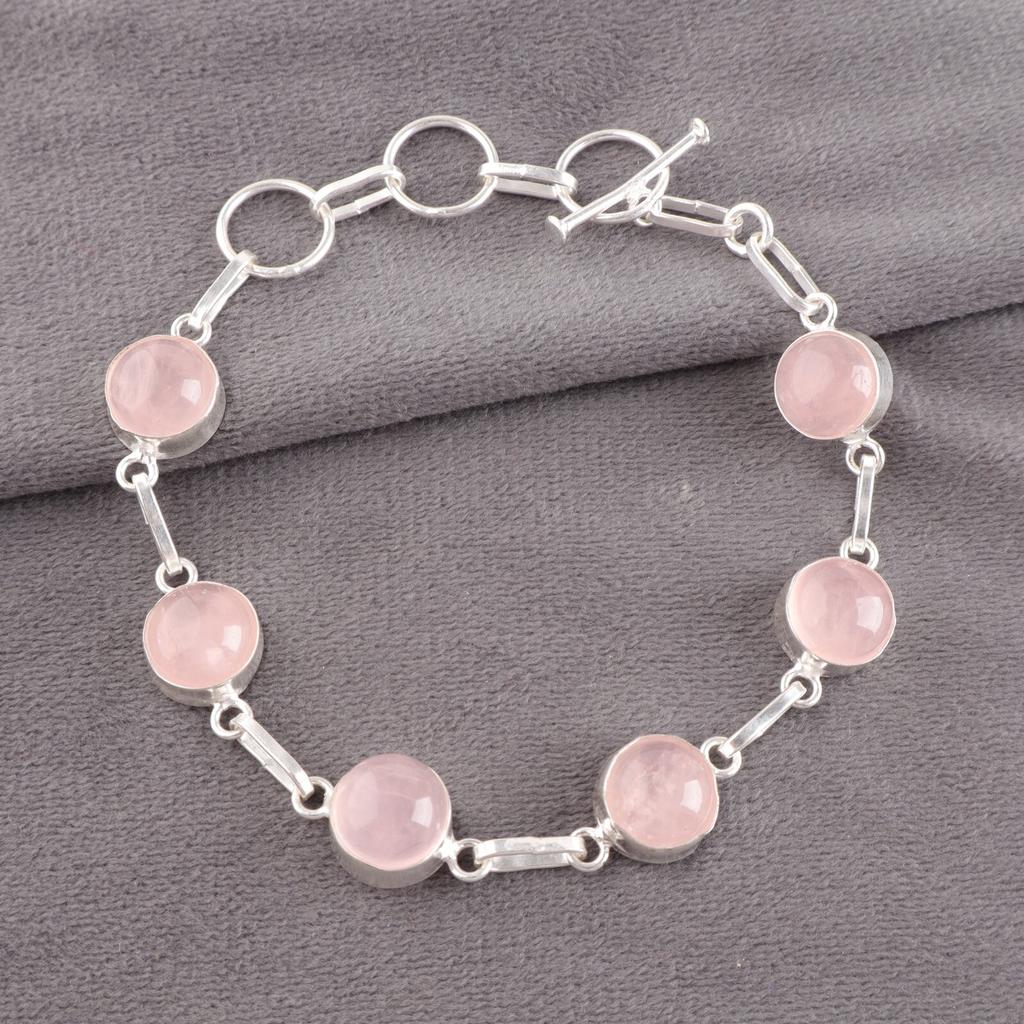 Rose Quartz Gemstone 925 Sterling Silver Jewelry Handmade Bracelet For Birthday RB-14-22