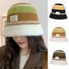 Winter Plush Bucket Hats for Women Color Matching Stripe Letter Label Fisherman Cap Korean Vintage Knitted Ear Warmer Basin Caps