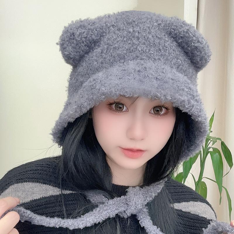 Плюшевая шапка для женщин на зиму теплая шапка с защитой ушей на шнуровке в стиле «медведь», шапка в стиле Лэй Фэн, подчеркивающая лицо, маленькая шерстяная шапка, трендовая