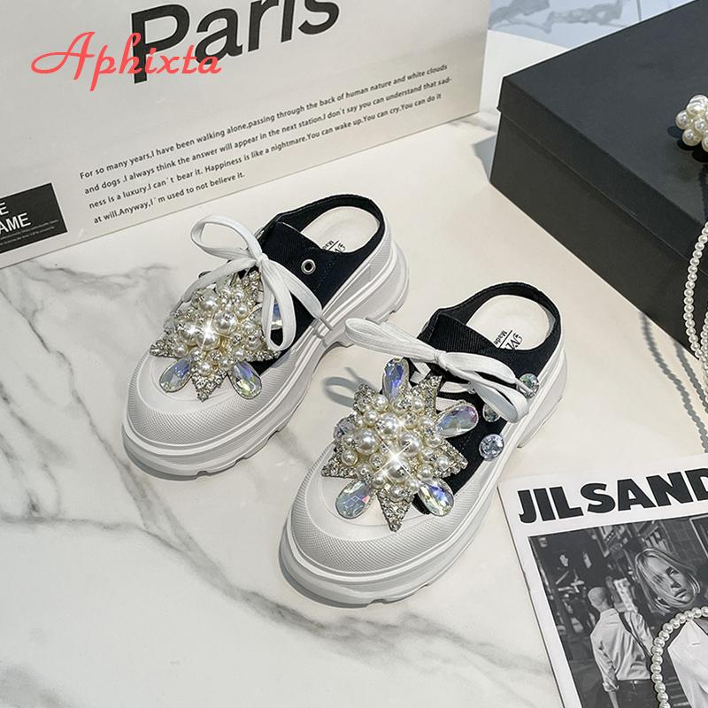 Fashion Aphixta Luxury Crystals Lace-up Toe Platform Slippers Women Rhinestone Slides Canvas Bling Shoes Wedge Thick Sole Slides
