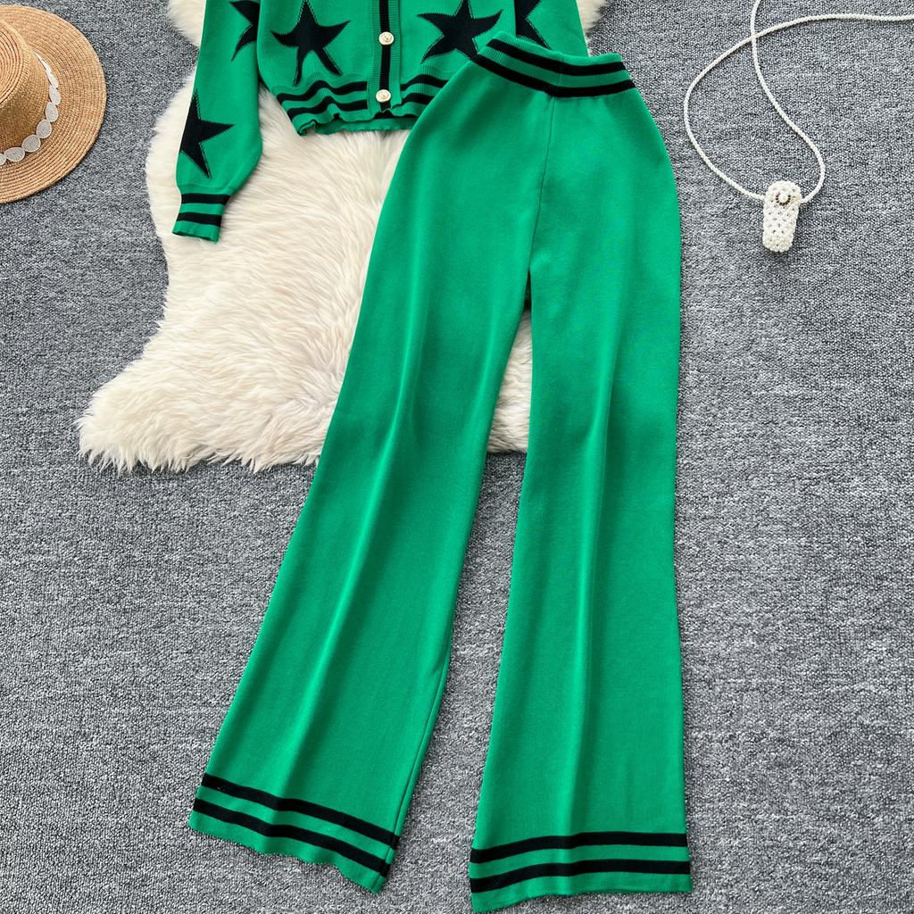 Осенне-зимний комплект из вязаного свитера с принтом звезд, женская куртка с длинным рукавом, пальто + брюки, спортивный костюм из двух частей