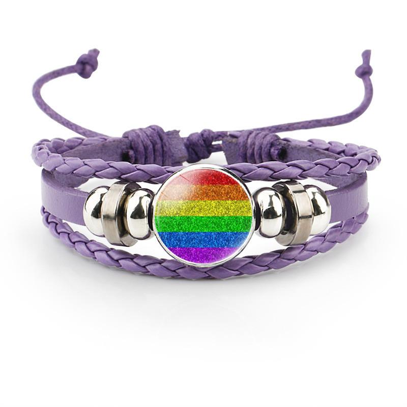Colorful Distinctive And Rainbow Flag Time Gemstone Purple Bracelet Leather