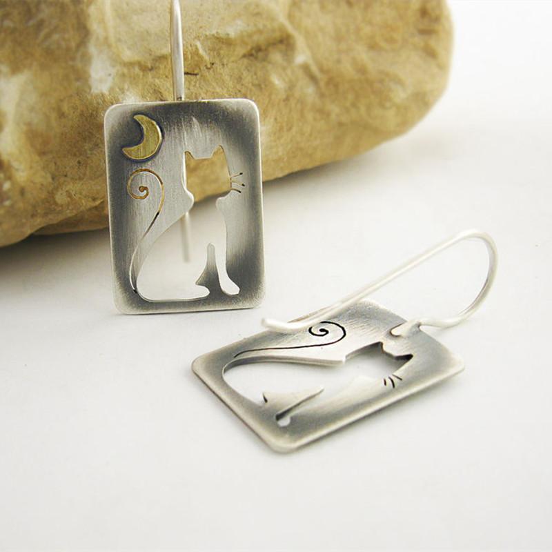 Винтажные прямоугольные металлические серьги с полыми кошками ручной работы, женские серьги в стиле бохо с простым узором луны, милые серьги с подвеской в ​​виде кота