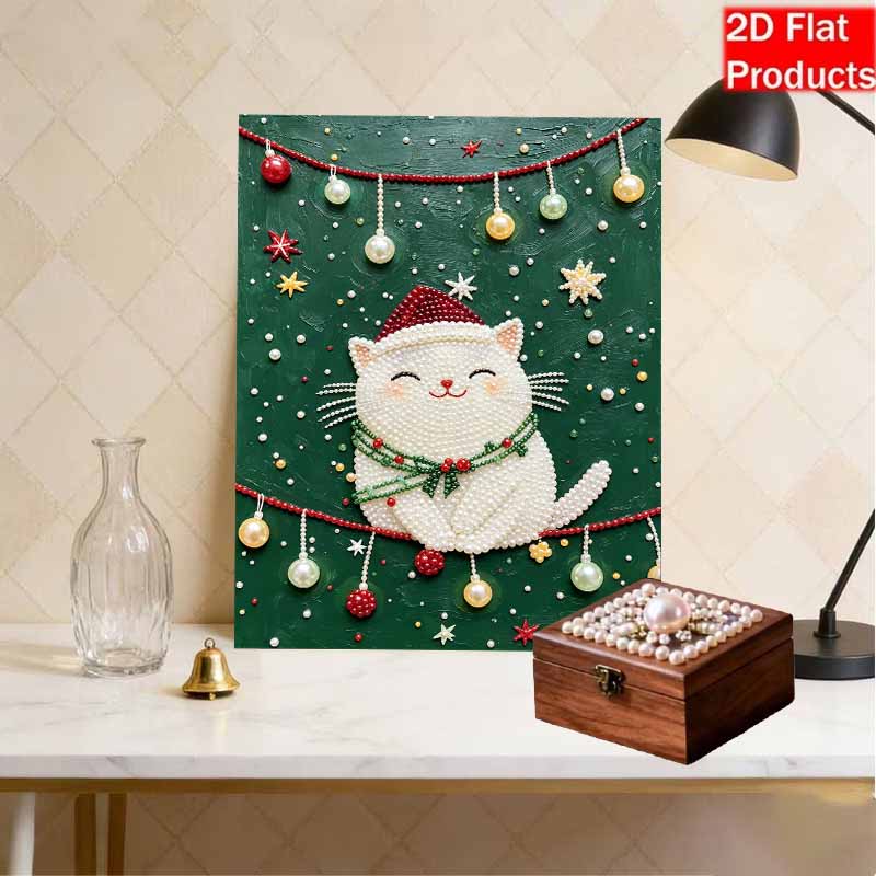 Набор для DIY-рисования жемчугом без рамки Праздничный Рождественский Кот Уютный Домашний Декор 3D Блестящее Жемчужное Искусство на Холсте Расслабляющее Хобби Подарок для Взрослых