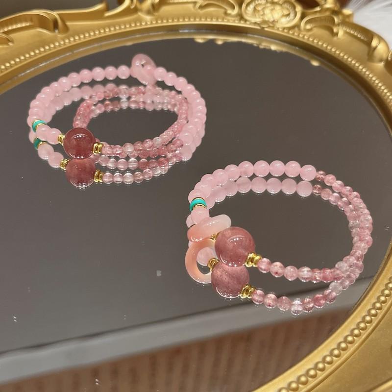Natural Pink Quartz Bracelet Double Layer Stackable Strawberry Crystal Beaded Wrap Bangle Women
