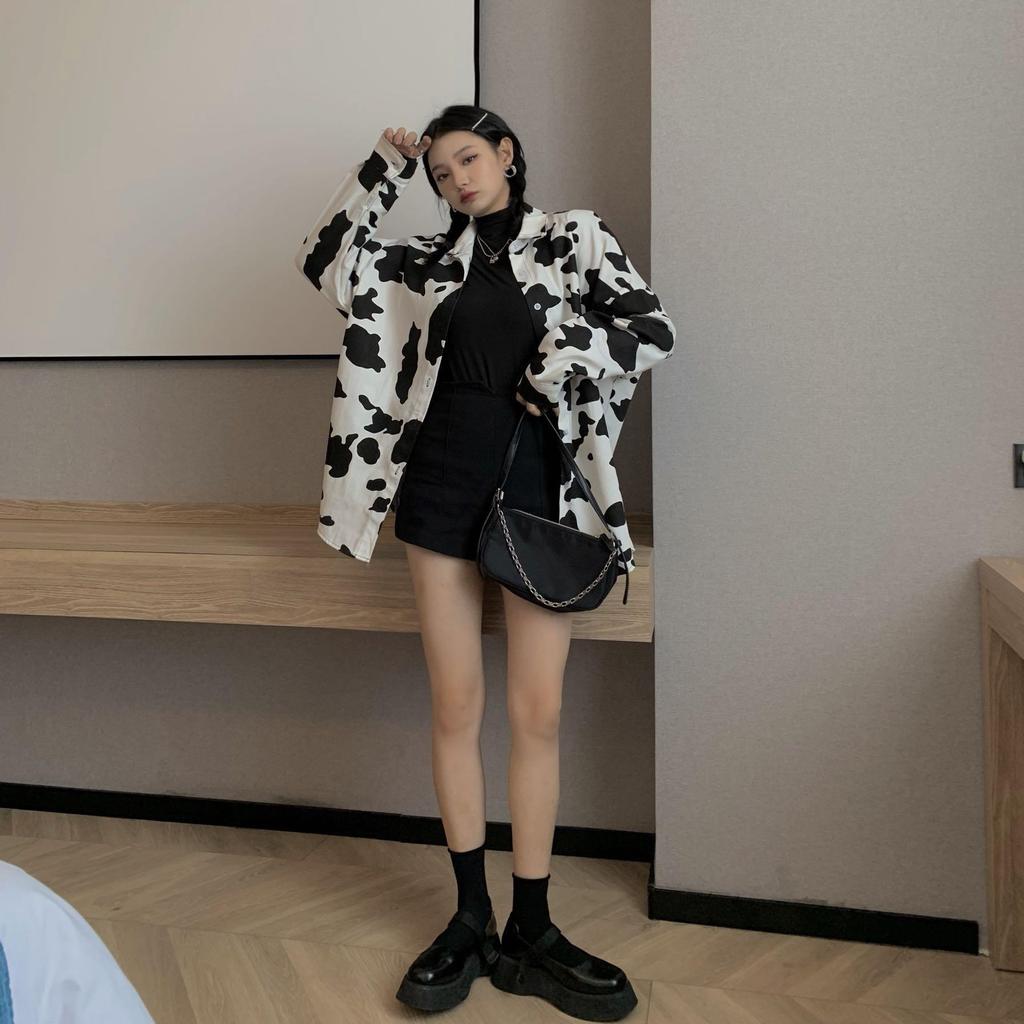 Большие размеры женские блузки с коровьим принтом Harajuku Colorblock Cartoon Button Up Shirt Свободные повседневные топы с длинным рукавом в винтажном стиле Streetwear