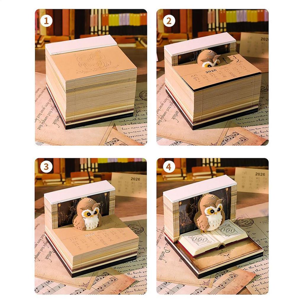 3D Memo Pad Time Piece Calendar 2026 Memo Pad Paper Tear Away Carving Art Notepad Owl-Shaped Tear Away Carving Time Piece