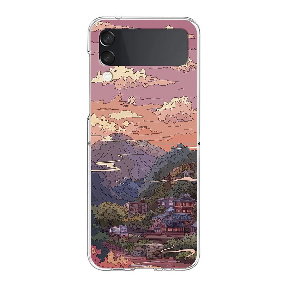 INS Корейский Закат Пейзаж Чехол Для Samsung Galaxy Z Flip 3 4 5G Жесткий HD Складной ПК Чехлы Для Телефона Для Samsung Z Flip3 Прозрачная Крышка