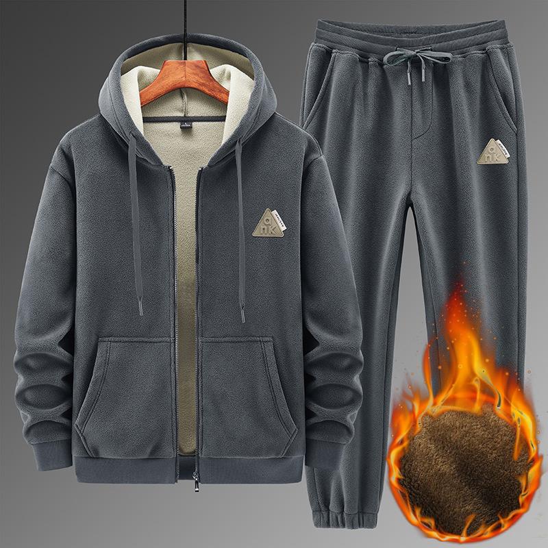 Зимний плюшевый мужской комплект, плюшевый свитер с капюшоном из ягненка, хлопковые брюки, повседневный спортивный и теплозащитный комплект