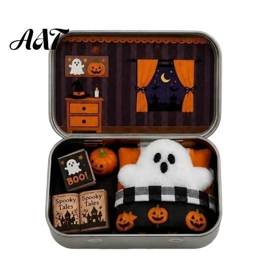 Miniature Landscape Props Mini Ghost Tin Box Set, Little Pocket Cute in A Box, Compact Desktop Soft Decoration Halloween Scene Spooky Decor, Gifts for